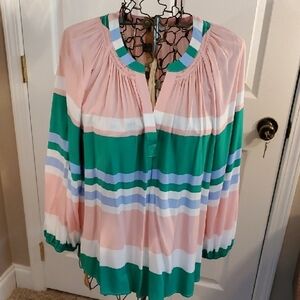Striped Pink and Green V Neck Women's Top